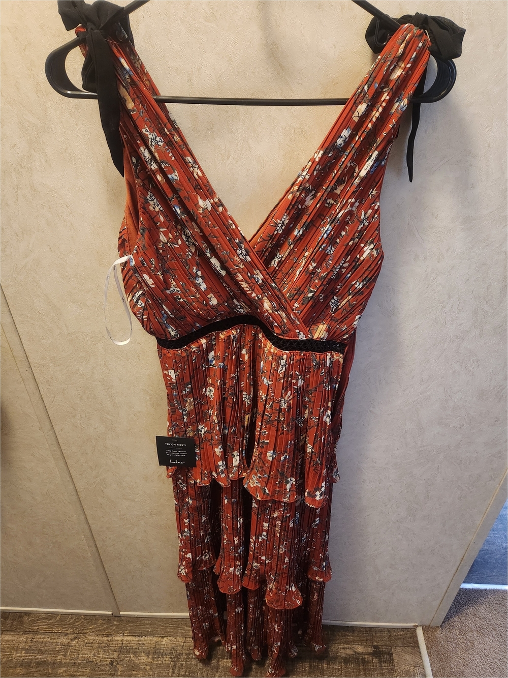 Lulu's Rust Floral Maxi Dress with Black Tie Details